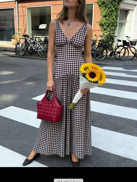 Dazy Dresses & Skirts - Brown Gingham Maxi Dress with V-Neck